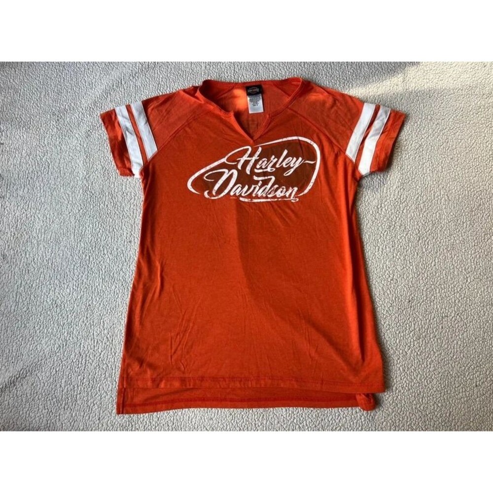 Harley Davidson Orange & White Football Style Tshirt Cotton Women’s Medium